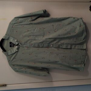 GEORGE Classic Fit Teal flamingo short sleeve button-down shirt